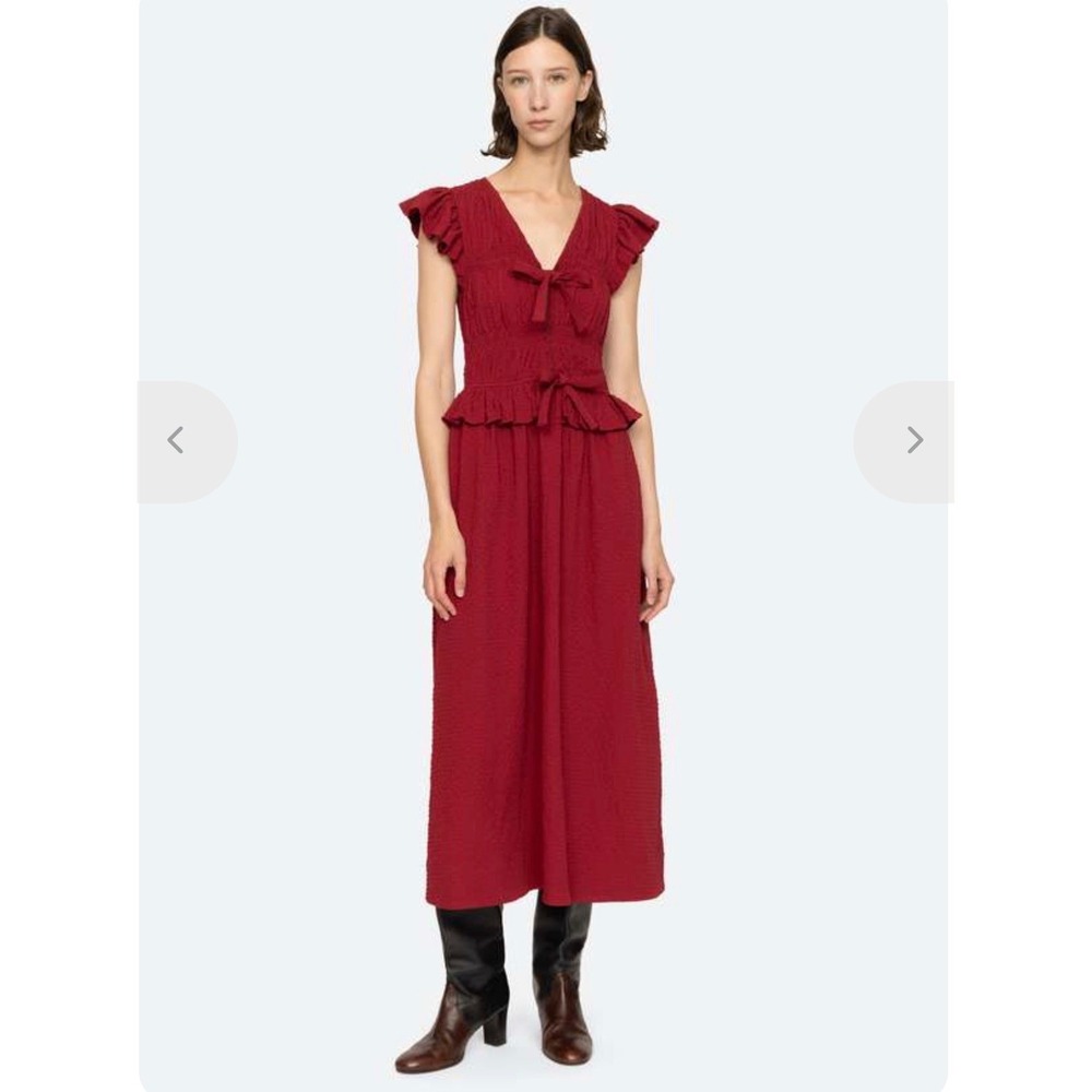Sea New York Burgundy Ruffle Flutter Sleeve Bow Front Midi Dress XXS Red‎